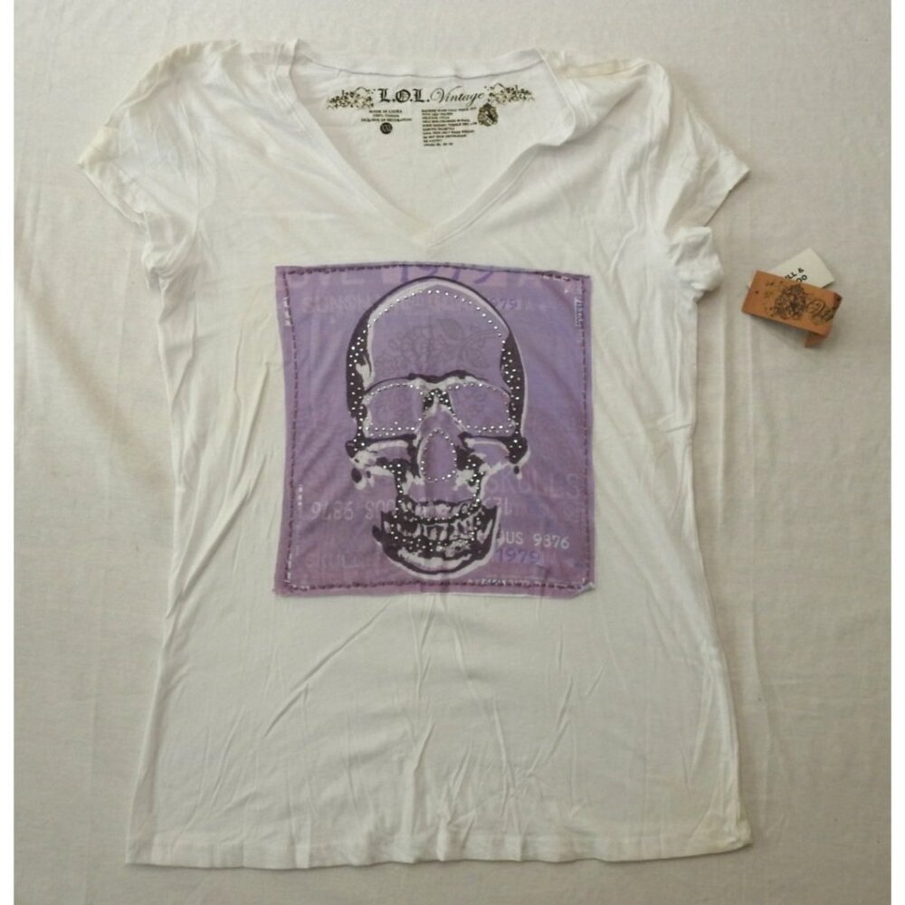L.O.L. Vintage White Skull Graphic Tee Purple Patch Rhinestone Women’s XXL NWT